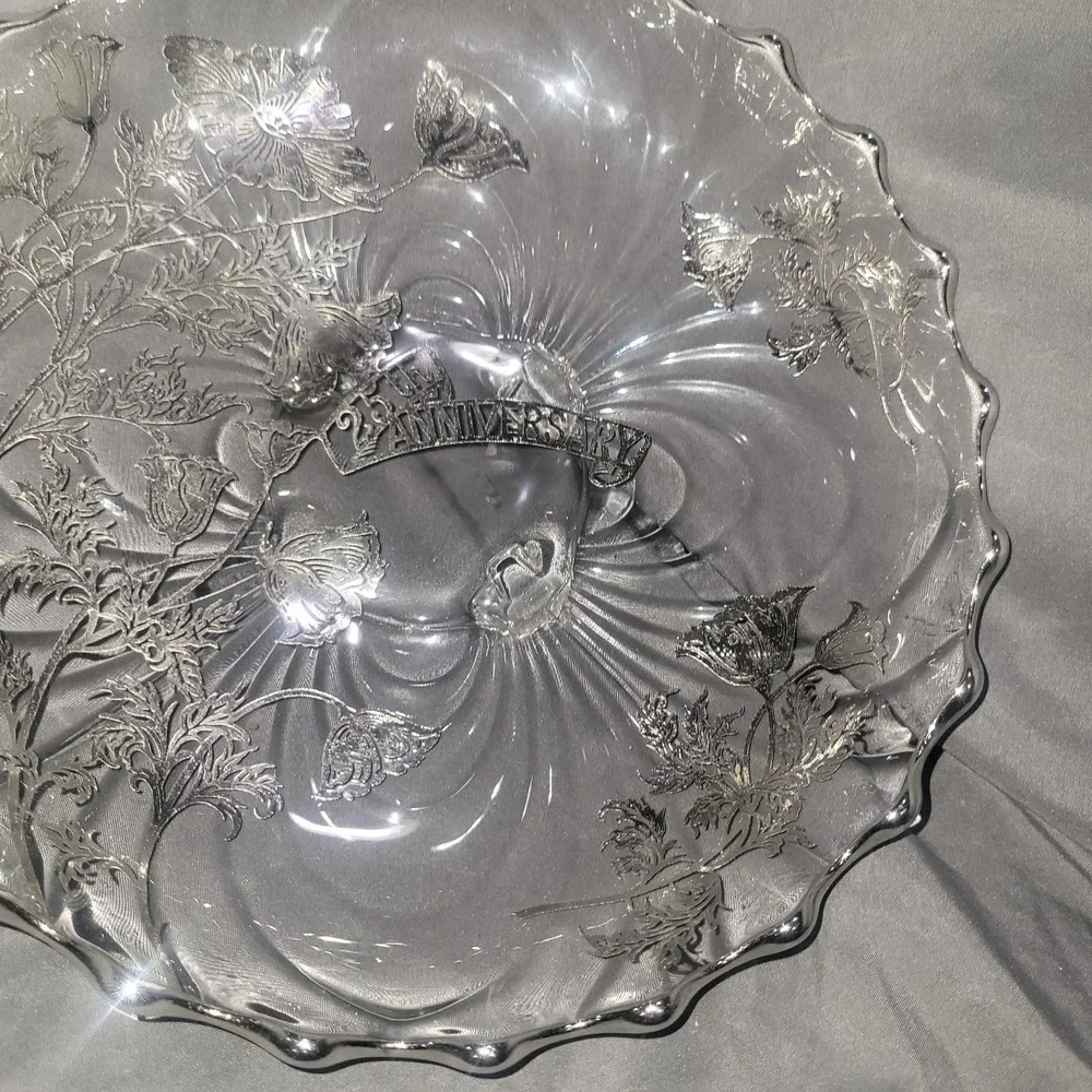 Sterling Silver Overlay 4 Footed Scalloped Edge Round Bowl 25th Anniversary